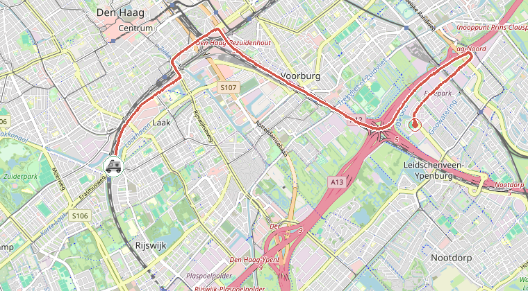 Kaart van de omgeving van de melding, met de kazerne die is gealarmeerd