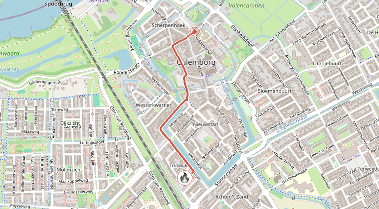 Kaart van de omgeving van de melding, met de kazerne die is gealarmeerd