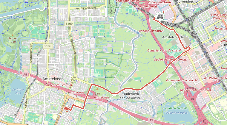 Kaart van de omgeving van de melding, met de kazerne die is gealarmeerd