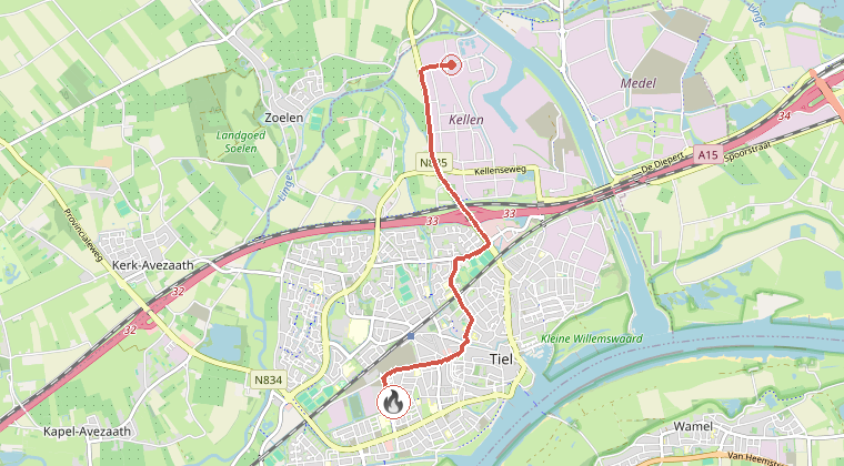 Kaart van de omgeving van de melding, met de kazerne die is gealarmeerd