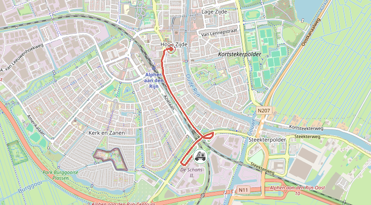 Kaart van de omgeving van de melding, met de kazerne die is gealarmeerd
