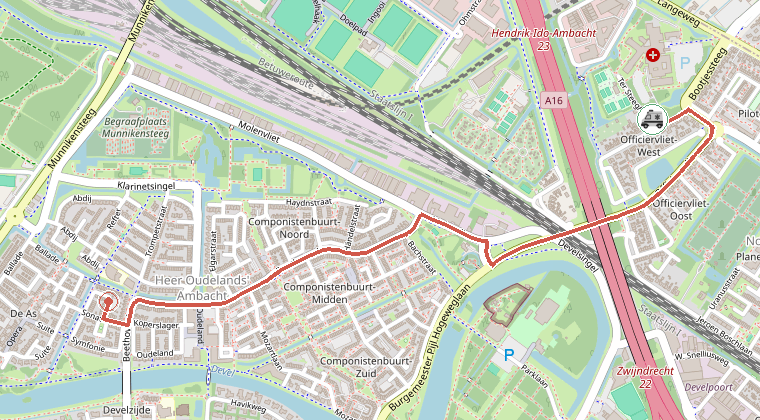 Kaart van de omgeving van de melding, met de kazerne die is gealarmeerd