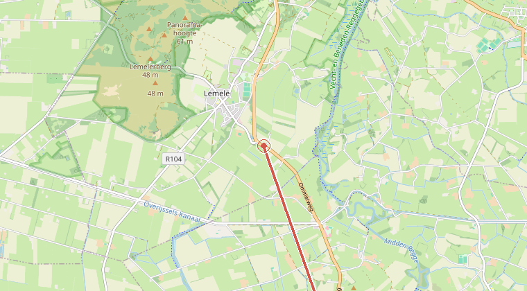 Kaart van de omgeving van de melding, met de kazerne die is gealarmeerd
