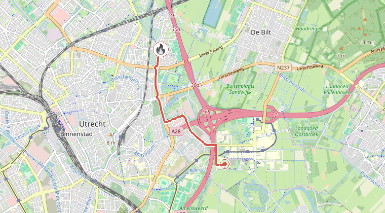 Kaart van de omgeving van de melding, met de kazerne die is gealarmeerd