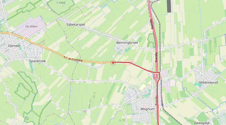 Kaart van de omgeving van de melding, met de kazerne die is gealarmeerd