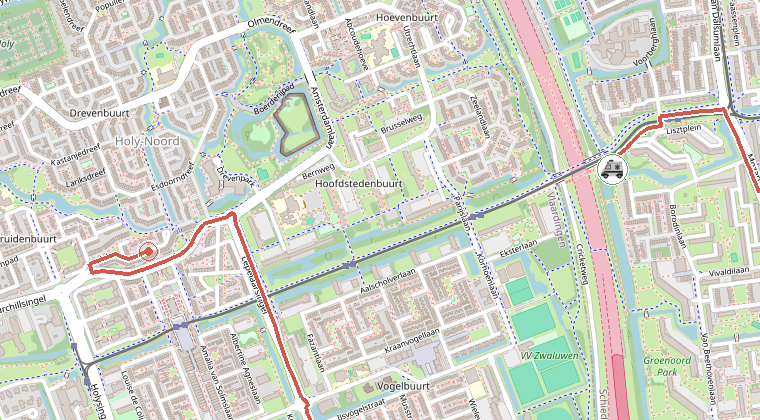 Kaart van de omgeving van de melding, met de kazerne die is gealarmeerd