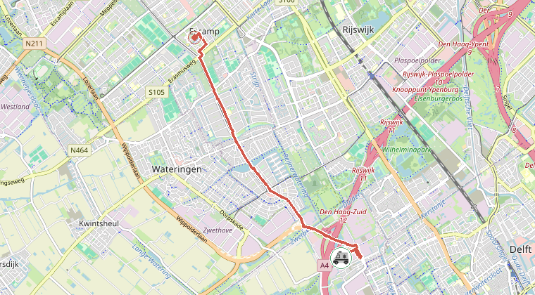 Kaart van de omgeving van de melding, met de kazerne die is gealarmeerd