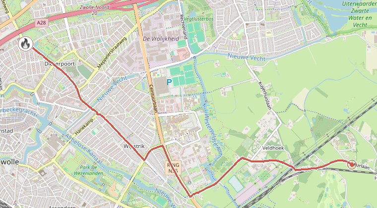 Kaart van de omgeving van de melding, met de kazerne die is gealarmeerd