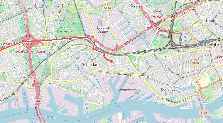 Kaart van de omgeving van de melding, met de kazerne die is gealarmeerd