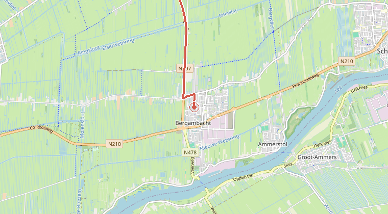 Kaart van de omgeving van de melding, met de kazerne die is gealarmeerd