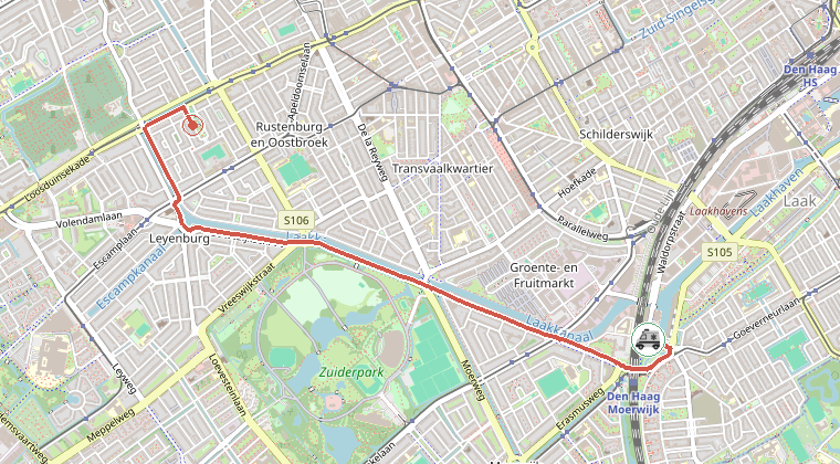 Kaart van de omgeving van de melding, met de kazerne die is gealarmeerd