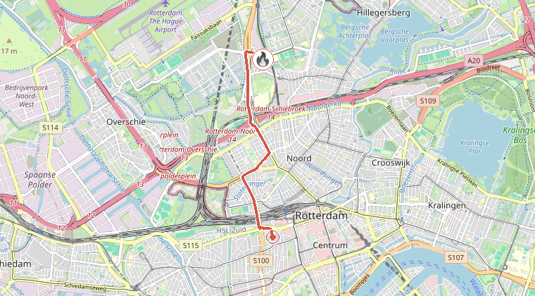 Kaart van de omgeving van de melding, met de kazerne die is gealarmeerd