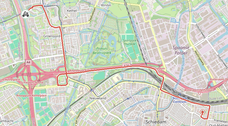Kaart van de omgeving van de melding, met de kazerne die is gealarmeerd