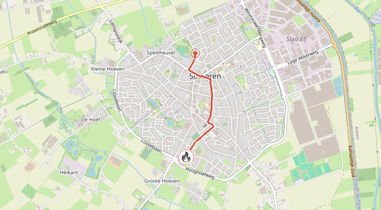 Kaart van de omgeving van de melding, met de kazerne die is gealarmeerd