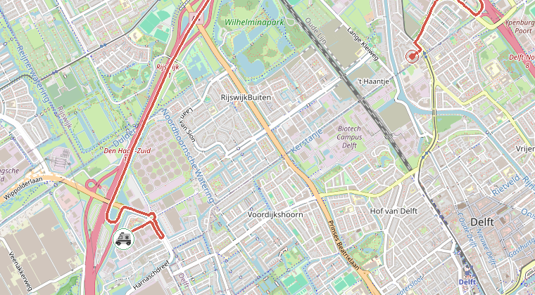 Kaart van de omgeving van de melding, met de kazerne die is gealarmeerd