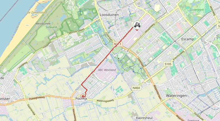 Kaart van de omgeving van de melding, met de kazerne die is gealarmeerd