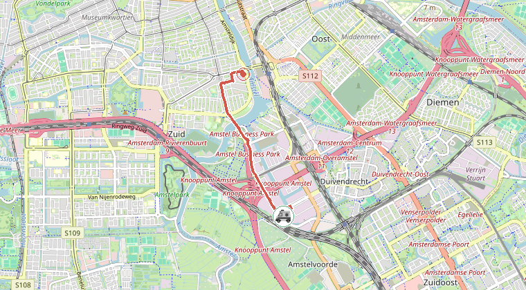 Kaart van de omgeving van de melding, met de kazerne die is gealarmeerd