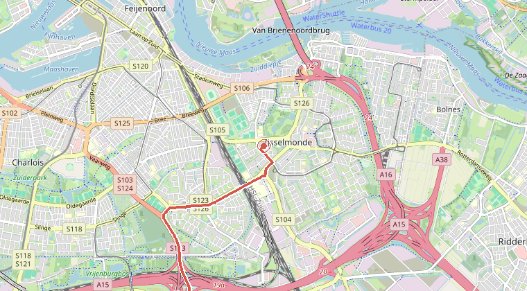 Kaart van de omgeving van de melding, met de kazerne die is gealarmeerd