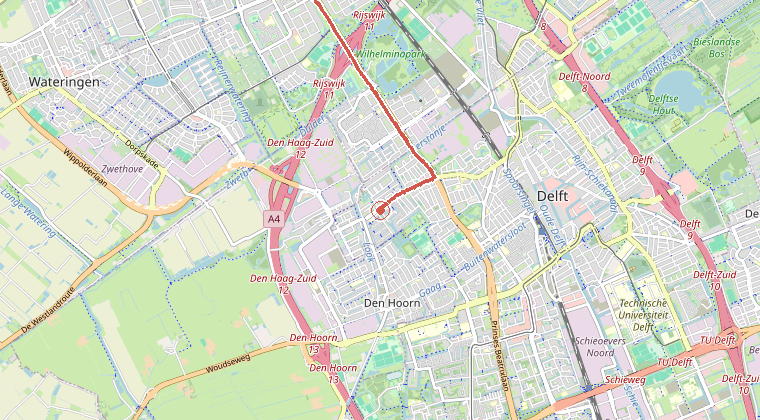 Kaart van de omgeving van de melding, met de kazerne die is gealarmeerd