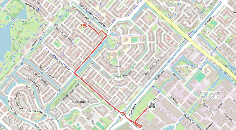Kaart van de omgeving van de melding, met de kazerne die is gealarmeerd