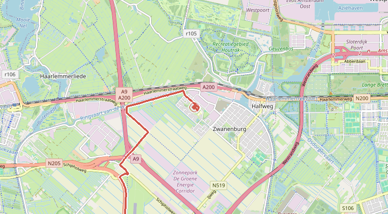 Kaart van de omgeving van de melding, met de kazerne die is gealarmeerd