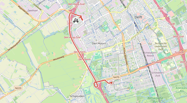 Kaart van de omgeving van de melding, met de kazerne die is gealarmeerd