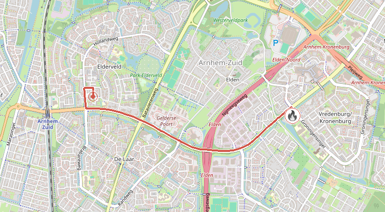 Kaart van de omgeving van de melding, met de kazerne die is gealarmeerd