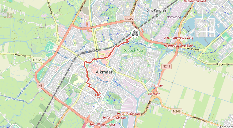 Kaart van de omgeving van de melding, met de kazerne die is gealarmeerd