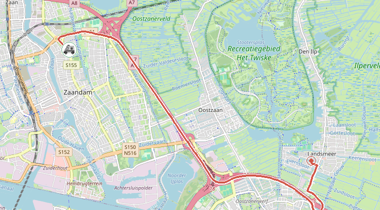 Kaart van de omgeving van de melding, met de kazerne die is gealarmeerd