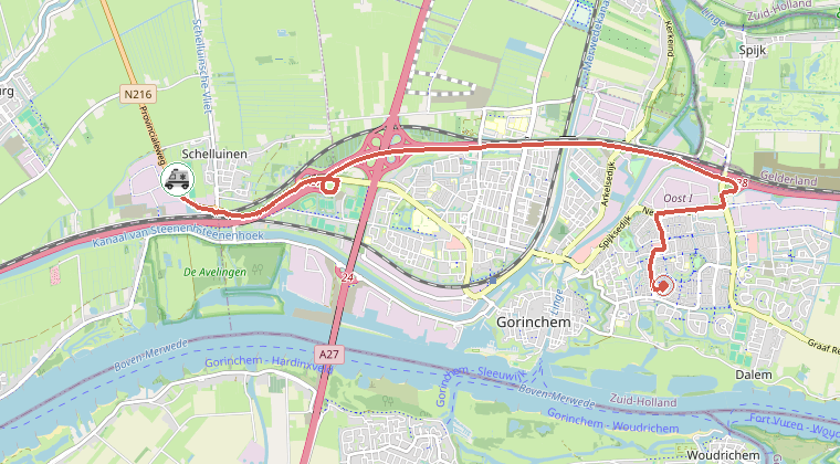 Kaart van de omgeving van de melding, met de kazerne die is gealarmeerd