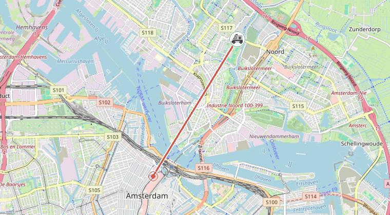 Kaart van de omgeving van de melding, met de kazerne die is gealarmeerd