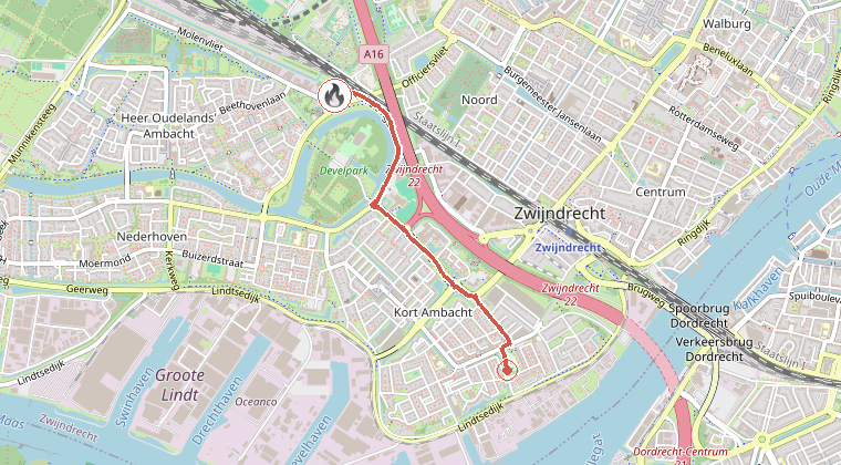 Kaart van de omgeving van de melding, met de kazerne die is gealarmeerd