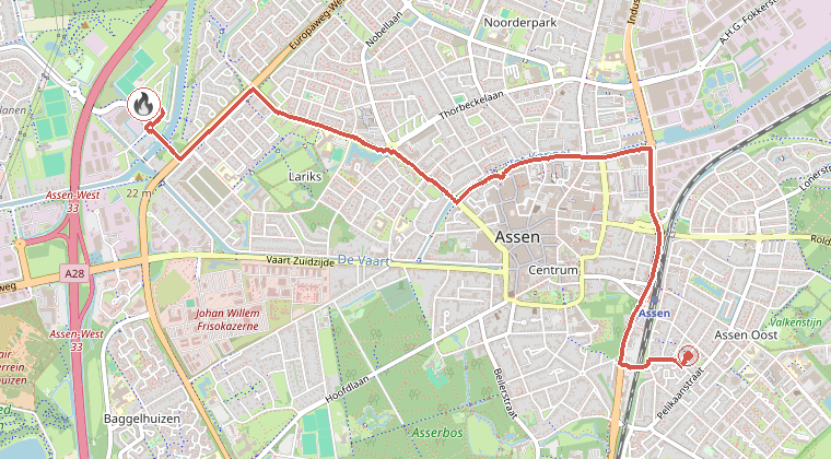 Kaart van de omgeving van de melding, met de kazerne die is gealarmeerd