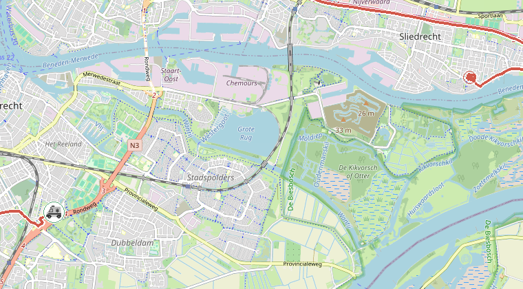 Kaart van de omgeving van de melding, met de kazerne die is gealarmeerd