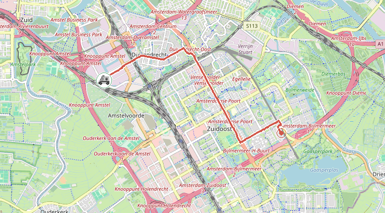 Kaart van de omgeving van de melding, met de kazerne die is gealarmeerd