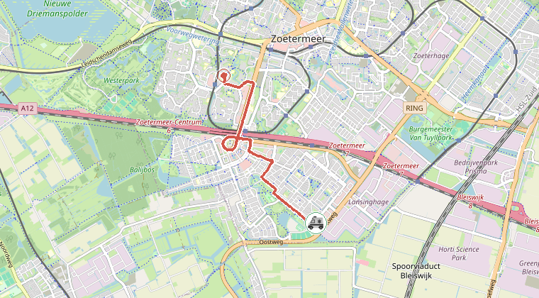 Kaart van de omgeving van de melding, met de kazerne die is gealarmeerd