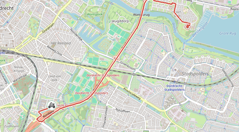 Kaart van de omgeving van de melding, met de kazerne die is gealarmeerd