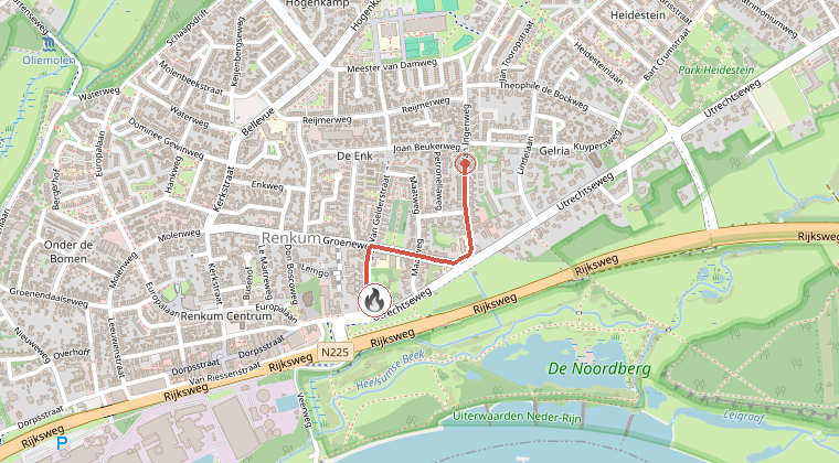 Kaart van de omgeving van de melding, met de kazerne die is gealarmeerd