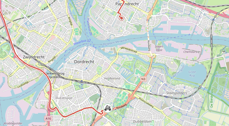 Kaart van de omgeving van de melding, met de kazerne die is gealarmeerd