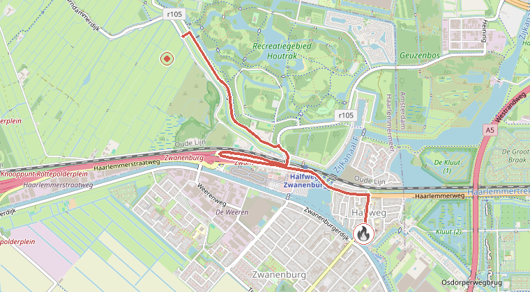 Kaart van de omgeving van de melding, met de kazerne die is gealarmeerd