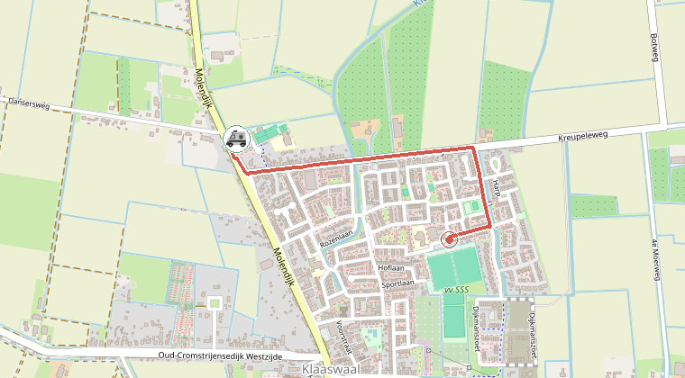 Kaart van de omgeving van de melding, met de kazerne die is gealarmeerd