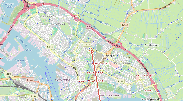 Kaart van de omgeving van de melding, met de kazerne die is gealarmeerd