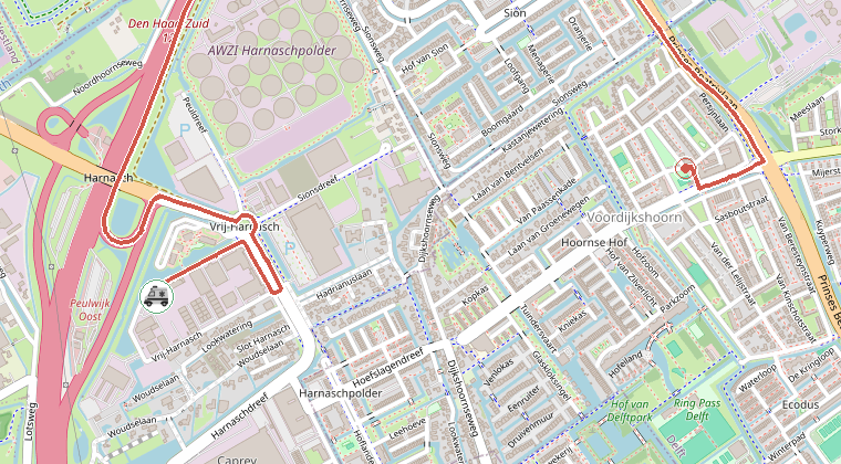Kaart van de omgeving van de melding, met de kazerne die is gealarmeerd