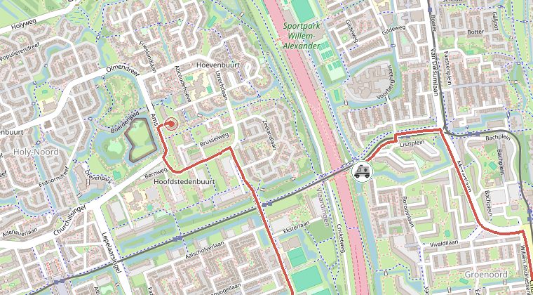 Kaart van de omgeving van de melding, met de kazerne die is gealarmeerd