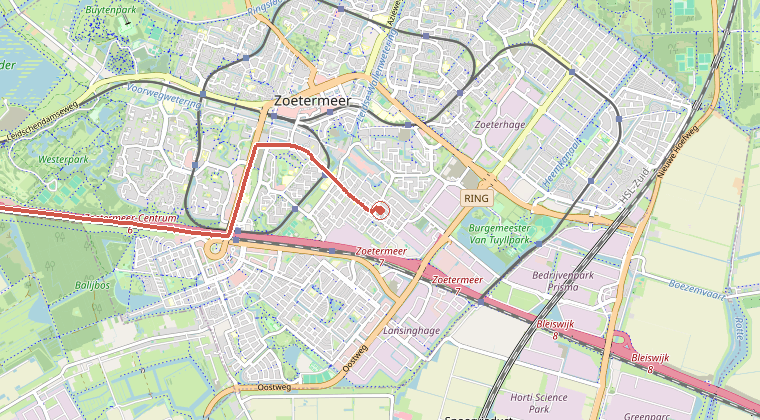 Kaart van de omgeving van de melding, met de kazerne die is gealarmeerd