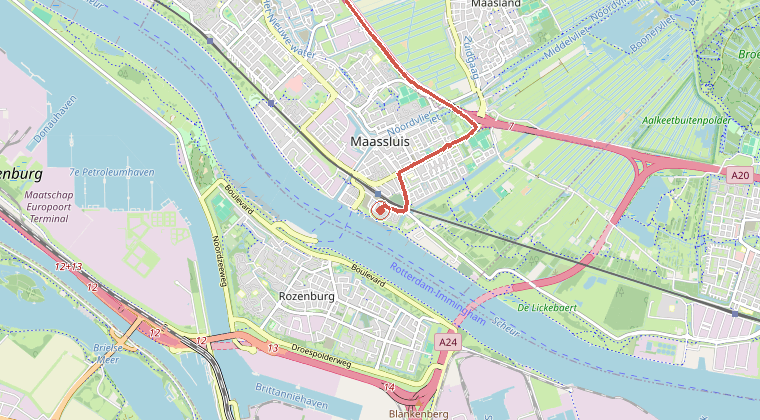 Kaart van de omgeving van de melding, met de kazerne die is gealarmeerd