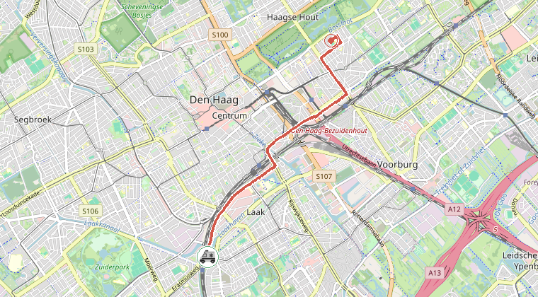 Kaart van de omgeving van de melding, met de kazerne die is gealarmeerd