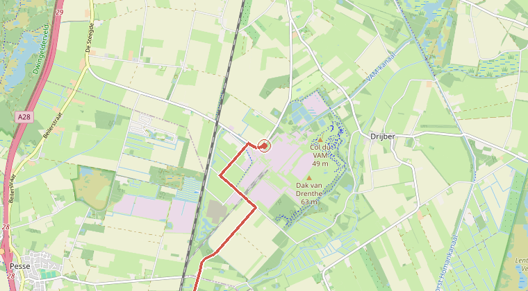 Kaart van de omgeving van de melding, met de kazerne die is gealarmeerd