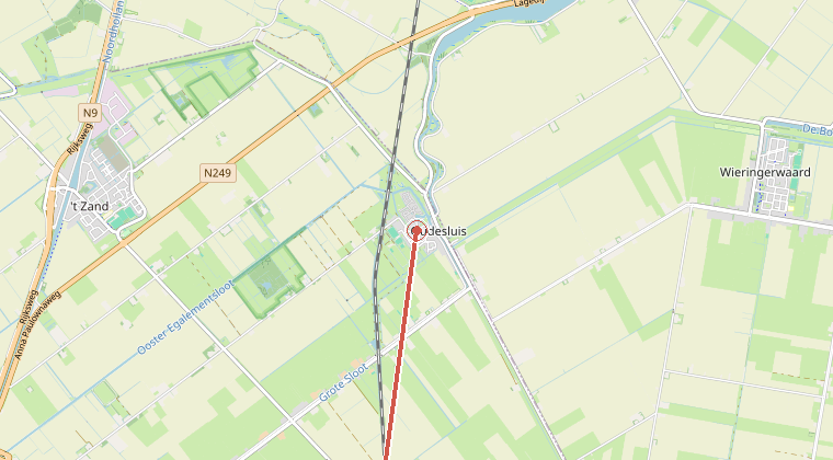 Kaart van de omgeving van de melding, met de kazerne die is gealarmeerd