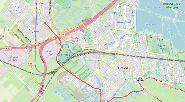 Kaart van de omgeving van de melding, met de kazerne die is gealarmeerd